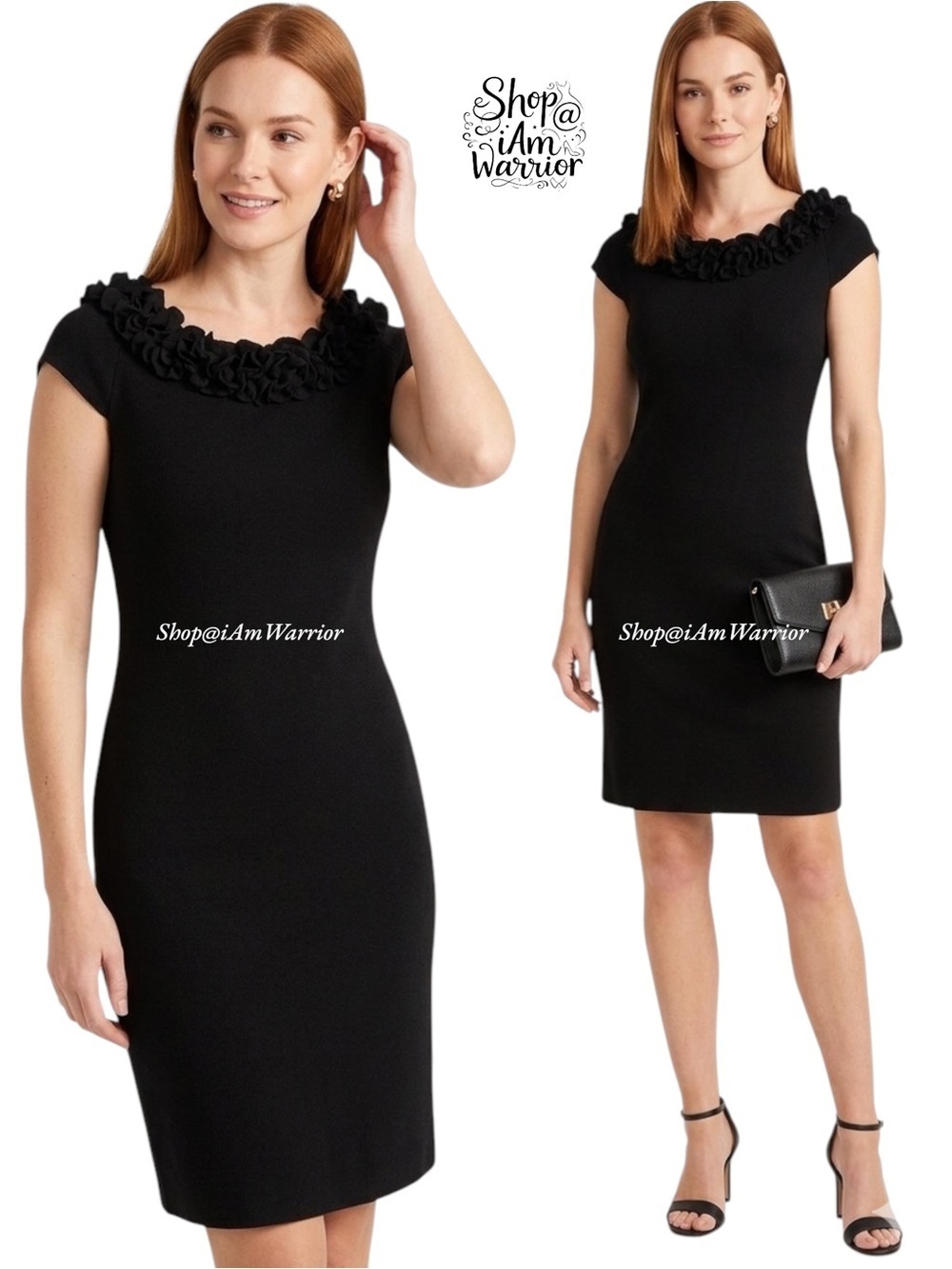 Taylor Black Stretch Knit Ruffle Neck Sheath Cocktail Dress *shop@iamwarrior